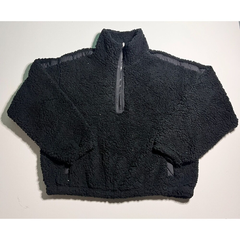 Athleta Womens L Black Sherpa Teddy Fleece 1/4 Zip Pullover Pockets HO24 Cozy